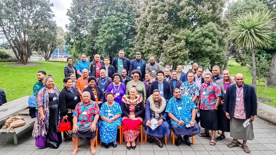 Hon Carmel Sepuloni with Lalawa group at National Fijian Wellbeing Plan Launch 2022